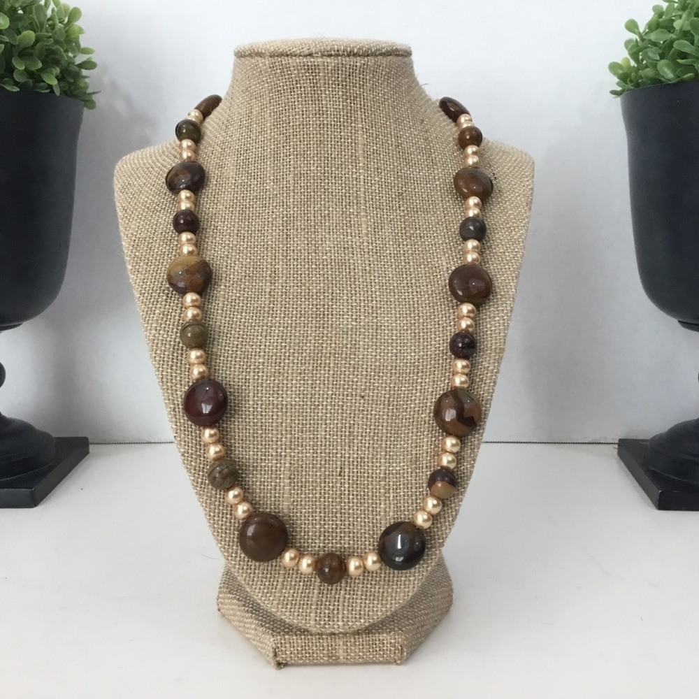 Brown Gemstone & Faux Pearl Necklace